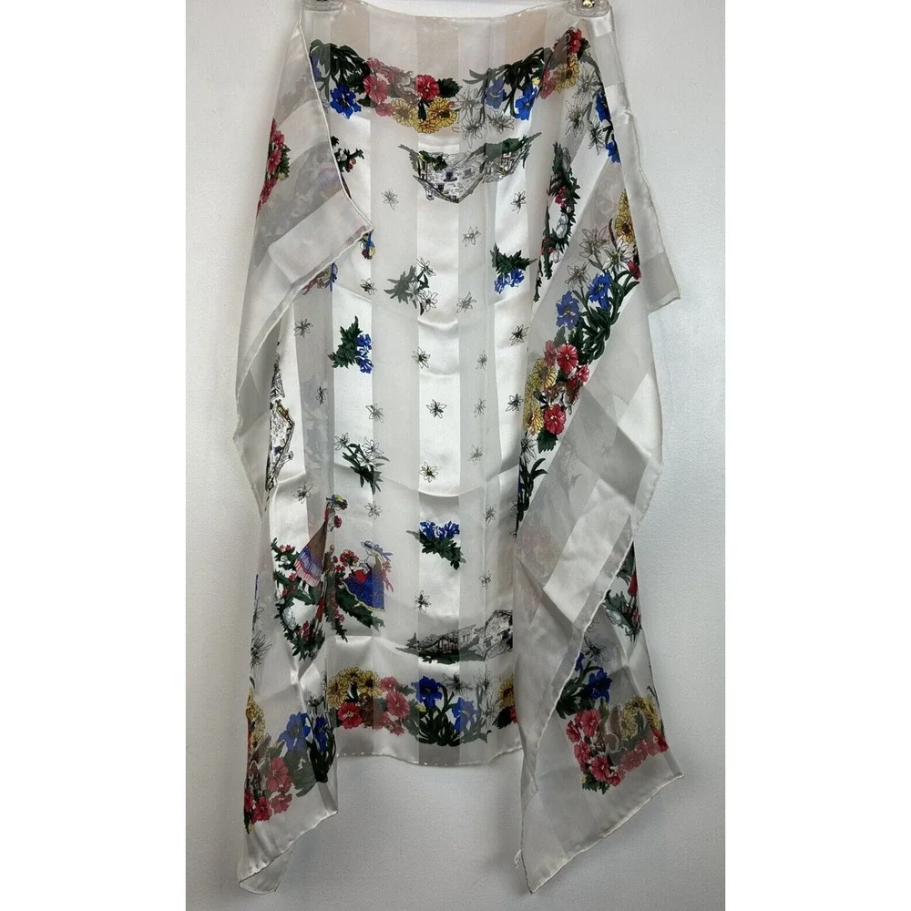 Vintage Scarf Silk Hand Rolled White Multicolor Spring Floral Flowing Read